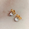 Elegant 18K gold bow and silver heart pendant earrings in high-polished stainless steel - Two Colors