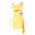 Detail of yellow one-shoulder dress with waist cutout and pink butterfly applique - S / Yellow