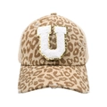 Close-up of leopard print baseball cap with white towel embroidery letter U and gold sequins - Leopard-Letter U