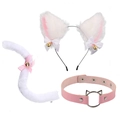 Three-piece set of white and pink faux fur cat ears headband, tail and choker collar - White Pink Cat Ears + Cat Head Choker + Tail