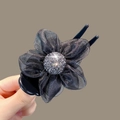 Elegant black mesh flower hair clip with sparkling rhinestone center on duckbill clip - Flower Black