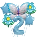 Blue butterfly and sunflower foil balloon set with number 2 for birthday party decor - Number 2 / Holographic Blue