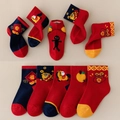 Chinese New Year themed children's cotton socks with festive red patterns and Fu characters - Red - Great Fortune / 3-5 Years (Feet length 13-15cm)