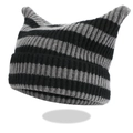 Lindo gorro de punto a rayas negras y grises con orejas de gato para mujer invierno - Talla única / Gris