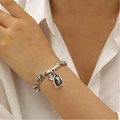Antique silver bracelet with black diamond acrylic pendant and irregular branch links - Silver Unique Vintage Bracelet (34)