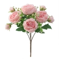 Close-up of artificial flower bouquet with four large and three small pink roses and leaves - Pink