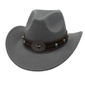 Macro detail of a grey felt cowboy hat with a brown leather band and silver star stud - One Size / Grey (Bronze Star)