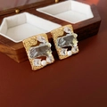 Macro detail of gold plated square crystal earrings with zircon and pearl accents - Gold (S925 Silver Pin)