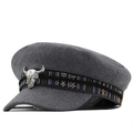 Dark grey wool newsboy cap with bull skull ornament and ethnic style braided ribbon - M(56-58cm) / Gray