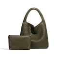 Olive green hand-woven hobo bag and matching zip pouch set in premium faux leather - Olive Green