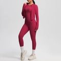 Three-piece yoga set with zip-up jacket and high-waist leggings in deep rose red - Carmine