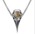 Vintage Viking ravenschedel ketting van staal met een gouden kompas gravure - Antiek Zilver met Goud Raaf Schedel Stijl (F0302-1)
