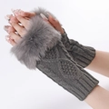 Guantes sin dedos de punto grueso gris con lujoso ribete de piel sintética suave - gris oscuro
