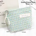 Green and yellow tweed cosmetic pouch with pearl charm and zipper 13.5x10.2cm - Elegant Tweed Style / Green