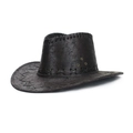 Dettaglio cappello cowboy vintage marrone scuro con texture screpolata e cuciture a vista - Regolabile / Nero