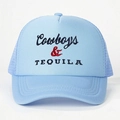 Light blue trucker hat with Cowboys & TEQUILA embroidery and breathable mesh back - One Size / Sky Blue