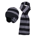 Set berretto e sciarpa in maglia a righe nere e grigie con ricamo a fiocco di neve - Set Protezione Orecchie Fiocco Di Neve / Nero