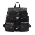 Vintage black faux leather backpack with pleated texture and silver metal buckles - Black