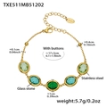 Golden stainless steel bracelet featuring five green glass stones with dimensions and specs - Gold Bracelet - Mixed Green Glass Stone