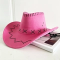 Cappello da cowboy rosa in pelle scamosciata con cuciture nere decorative e laccio antivento - S (54-56cm) Bambini / Rosa Rossa
