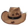 Classic woven straw western cowboy hat with star motifs and vintage bull badge - One Size (Gradient Star) / Black Small Round Bull (With Windproof Rope) / Camel