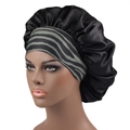 Detail of black satin hair bonnet with green and gray zebra print elastic wide band - Black Grey Zebra