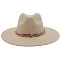 Detail of a beige fedora with a chunky rose gold chain on the wide brim band - Adult (57-60cm) / Beige (Acrylic)