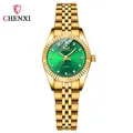Classic women's gold quartz watch featuring a green sunray dial and rhinestone indices - Gold Case Green Dial Female