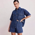 Women's dark blue denim set featuring short-sleeve button-down shirt and elastic shorts - S / Dark Blue Set