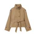 Korte kaki double-breasted trenchcoat met opstaande kraag en ceintuur plat gelegd - XS / Khaki