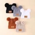 Toddler knitted double pom pom beanies in five assorted colors with mini leather patches - 5-Color Set A (Black+Grey+White+Caramel+Beige)