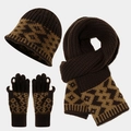 Detail of winter knit set featuring brown geometric patterns on thick scarf and gloves - Coffee
