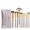 Professional 12pcs champagne makeup brush set with metallic lilac leather storage pouch - 12 Pcs Off-White With Snap Button Leather Bag