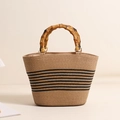 Bolso de mano de paja con asa de bambú natural y rayas negras para playa y vacaciones - Asa de Bambú Rayas Finas Pequeño