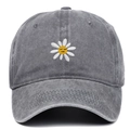 Close-up of daisy embroidery on vintage washed cotton baseball cap with smiling center - Adjustable / Gray