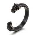 Men's punk wolf head open bracelet in dark gunmetal finish with scale texture - Double Leopard Head Style / Black (KB125356-BDJX)