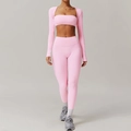 Three-piece pink yoga set with zip-up shrug, sports bra and high waist leggings - S / Top And Bottom / Sakura Pink