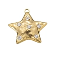 Gold star pendant charm with textured surface and six sparkling clear rhinestones - White Zircon