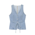 Gilet en jean bleu clair pour femme avec col en V, boutons et cordon de serrage à la taille - XS / Gilet en jean bleu clair