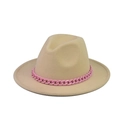 Detail of a beige wool fedora hat featuring a stylish pink chunky resin chain band - Adult 57-60cm / Beige with Pink Chain