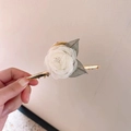 Elegant white mesh rose hair claw clip with gold finish and pearl center for women - White Lace Flower