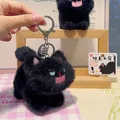 Cute black fuzzy cat plush keychain with blue eyes and silver metal buckle for bags - Black - Tail Spin Style