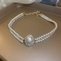 Détail du collier de perles baroques à double rangée avec pendentif strass brillant - 82# Collier - Collier pendentif en strass ovale en perles double couche