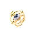 Detail des goldenen Evil Eye Rings mit himmlischen Sternen und Mondsichel-Ornamenten - Einstellbar Offen / Gold Blau (11552)