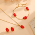 Gold stainless steel jewelry set with red oval stones including necklace, bracelet and earrings - Red Jewelry Set (A521-A619-A621)