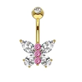 Goldener Bauchnabelpiercing mit Schmetterling und rosa-klaren Zirkonia-Steinen - Stil 36 Gold