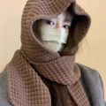 Winter thick knit bear balaclava hat and scarf set in deep brown for women - Balaclava Scarf Hat-Coffee