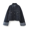 Dark blue denim jacket with short crop cut and white contrast stitching detail - XS / Denim Shirt