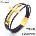 Men's multi-layer brown braided leather bracelet with golden stainless steel cross charm - Brown Leather Gold (KB166192-KFC)
