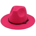 Detalle de sombrero de fieltro de lana rosa fucsia con cinturón de cuero y hebilla de metal - M (56-58cm) / Rosa Rojo (Cinturón De Cuero Negro Pequeño)